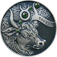 Load image into Gallery viewer, 2014 Belarus Signs of the Zodiac Taurus Antique finish Silver Coin | Zion Metals
