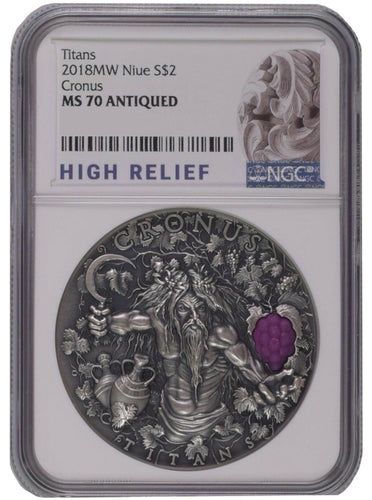 2018 Niue 2 oz Antique Silver Greek Titans Cronus NGC MS70 | Zion Metals