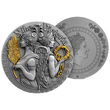 Load image into Gallery viewer, 2018 Niue Victoria and Nike Goddesses 2 oz Antique finish Silver Coin | ZM | Zion Metals
