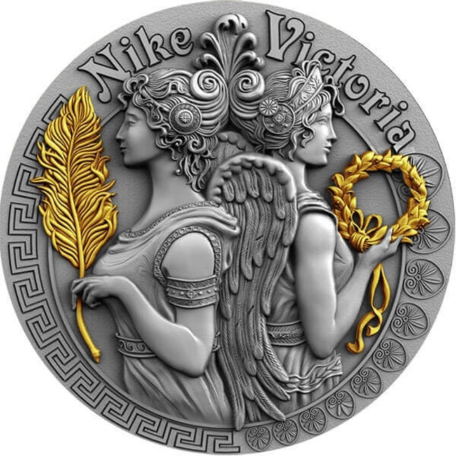 2018 Niue Victoria and Nike Goddesses 2 oz Antique finish Silver Coin | ZM | Zion Metals