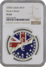 Load image into Gallery viewer, 2020 Liberia $10 Break-it Brexit NGC PF69 Silver Coin - Zion Metals
