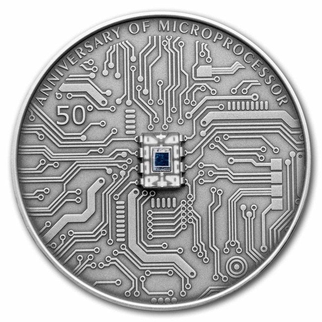 2021 Niue 2 oz Silver Antique Microchip 50th Anniversary Coin | Zion Metals