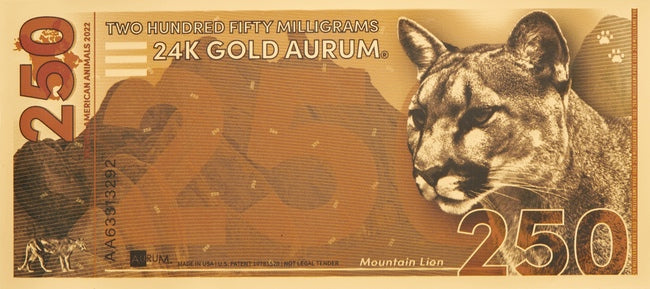 2022 250mg 999 Fine Gold North American Mountain Lion Aurum 24K 1/4 Gram Note - Zion Metals