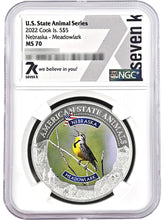 Load image into Gallery viewer, 2022 COOK ISLANDS NEBRASKA MEADOWLARK NGC MS70 AMERICAN STATE ANIMALS 1 OZ SILVER COIN - Zion Metals
