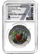 Load image into Gallery viewer, 2022 COOK ISLANDS MASSACHUSETTS LADYBUG NGC MS70 AMERICAN STATE ANIMALS 1 OZ SILVER COIN - Zion Metals
