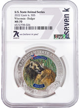 Load image into Gallery viewer, 2022 COOK ISLANDS WISCONSIN BADGER NGC MS70 AMERICAN STATE ANIMALS 1 OZ SILVER COIN - Zion Metals
