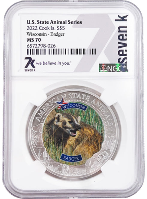 2022 COOK ISLANDS WISCONSIN BADGER NGC MS70 AMERICAN STATE ANIMALS 1 OZ SILVER COIN - Zion Metals