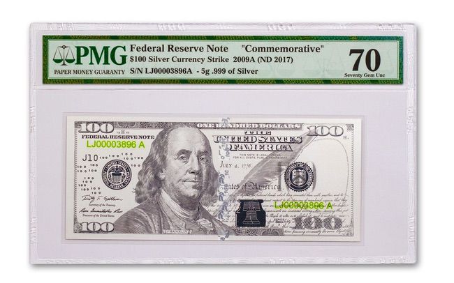 $100 Replica Benjamin Franklin Design PMG 70 5 gram Silver Note .999 - ZM - Zion Metals
