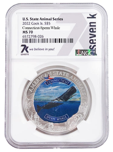 2022 COOK ISLANDS CONNECTICUT SPERM WHALE NGC MS70 AMERICAN STATE ANIMALS 1 OZ SILVER COIN - Zion Metals