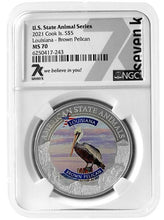 Load image into Gallery viewer, 2021 COOK ISLANDS LOUISIANA BROWN PELICAN NGC MS70 AMERICAN STATE ANIMALS 1 OZ SILVER COIN - Zion Metals

