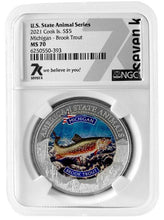 Load image into Gallery viewer, 2021 COOK ISLANDS MICHIGAN BROOK TROUT NGC MS70 AMERICAN STATE ANIMALS 1 OZ SILVER COIN - Zion Metals
