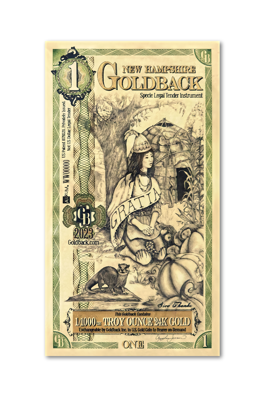 1 New Hampshire Goldback - Aurum Gold Note (24k)- Zion Metals