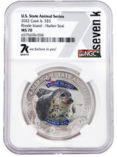 Load image into Gallery viewer, 2022 COOK ISLANDS RHODE ISLAND HARBOR SEAL NGC MS70 AMERICAN STATE ANIMALS 1 OZ SILVER COIN - Zion Metals
