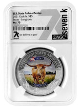 Load image into Gallery viewer, 2021 COOK ISLANDS TEXAS LONGHORN NGC MS70 AMERICAN STATE ANIMALS 1 OZ SILVER COIN - Zion Metals
