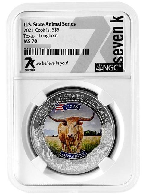 2021 COOK ISLANDS TEXAS LONGHORN NGC MS70 AMERICAN STATE ANIMALS 1 OZ SILVER COIN - Zion Metals