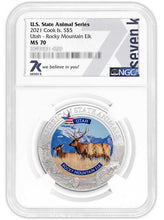 Load image into Gallery viewer, 2021 COOK ISLANDS UTAH ROCKY MOUNTAIN ELK NGC MS70 AMERICAN STATE ANIMALS 1 OZ SILVER COIN - Zion Metals

