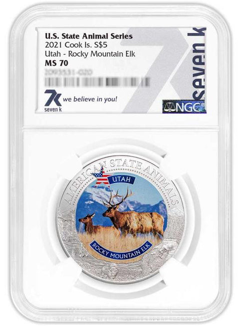 2021 COOK ISLANDS UTAH ROCKY MOUNTAIN ELK NGC MS70 AMERICAN STATE ANIMALS 1 OZ SILVER COIN - Zion Metals