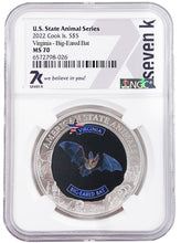Load image into Gallery viewer, 2022 COOK ISLANDS VIRGINIA BIG-EARED BAT NGC MS70 AMERICAN STATE ANIMALS 1 OZ SILVER COIN - Zion Metals
